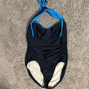 Carol Wior Vintage Made in USA Black Blue 1-Piece Halter Swimsuit 14 Rockabilly